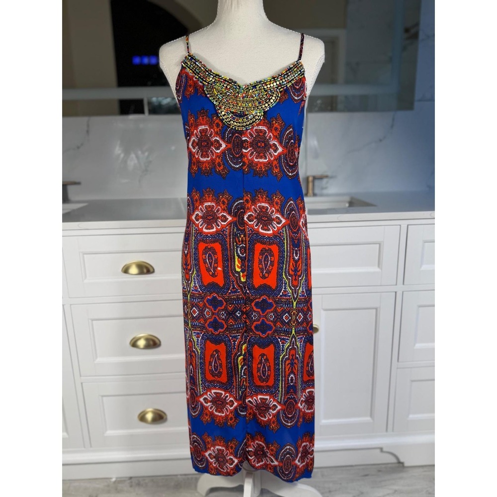 Eight Sixty Dress Womens‎ Small Blue Orange Paisley Beaded Neck Handkerchief Hem